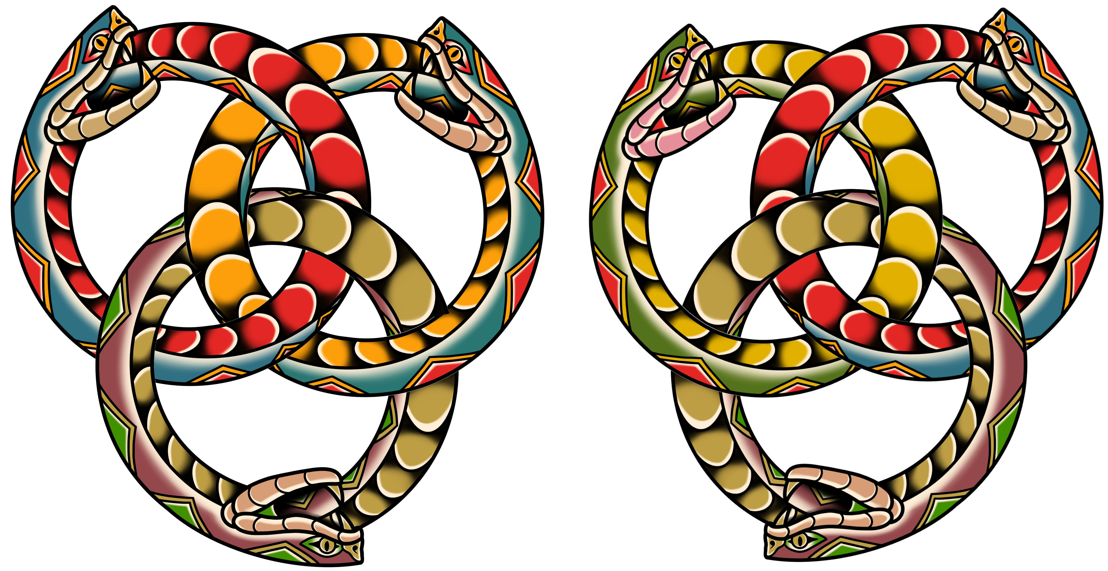 Ouroboros Mobius loops arranged as Borromean Rings, color